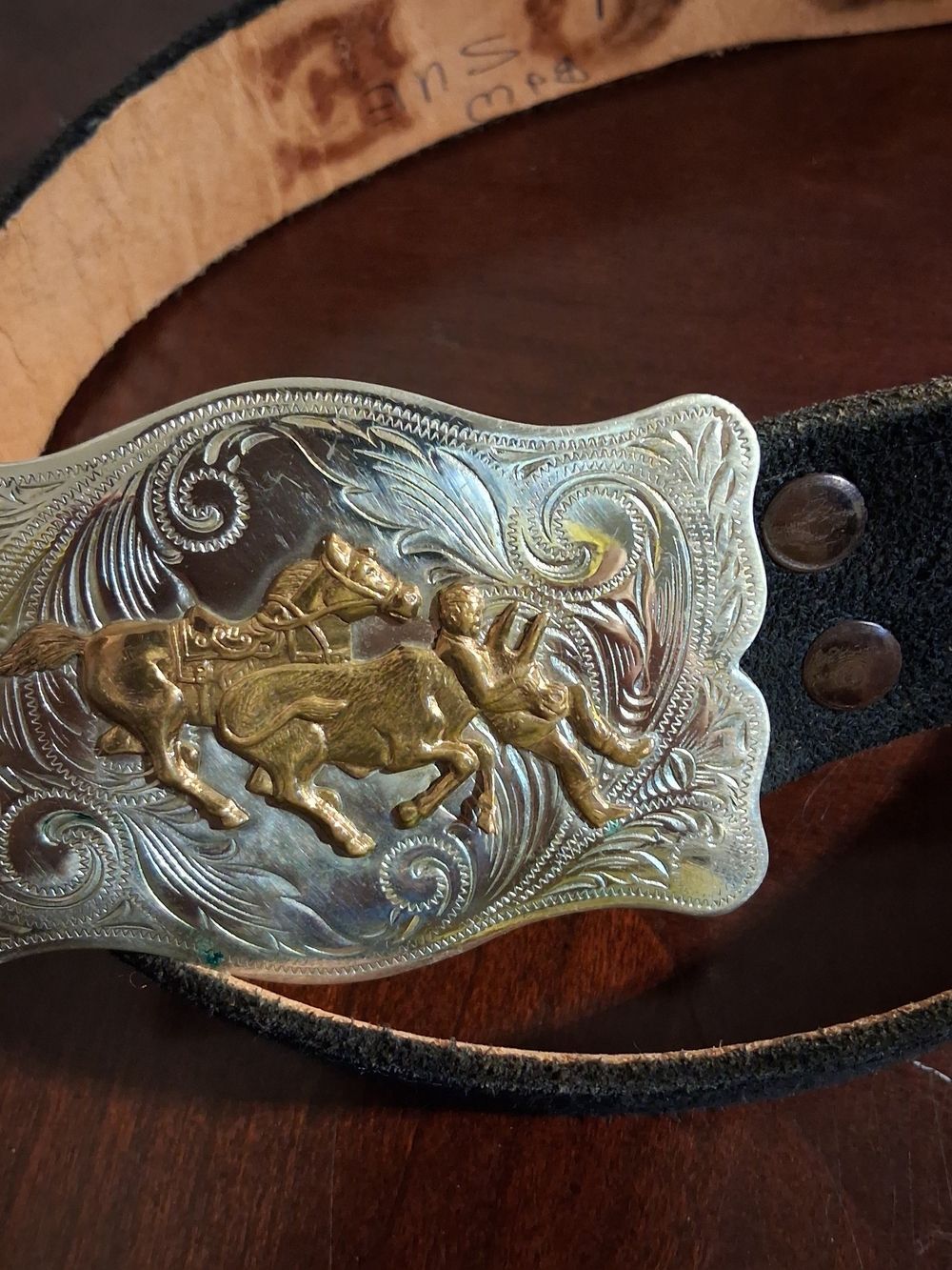 "Sue" Black Leather Western Belt with Ornate Silver and Gold Rodeo Buckle